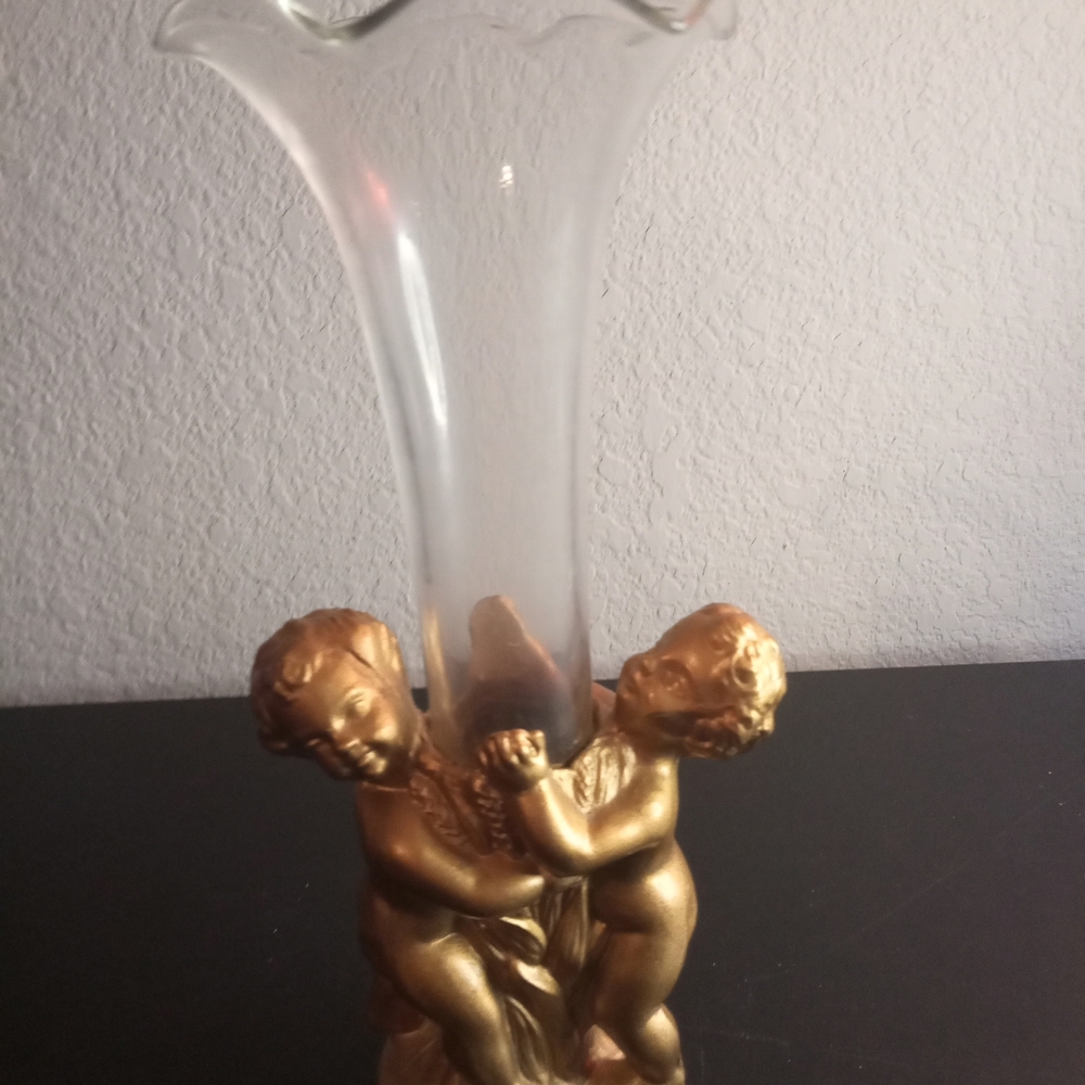Bronzed Chalkware Cherubs holding 7" Clear Glass Ruffled Edge Vase